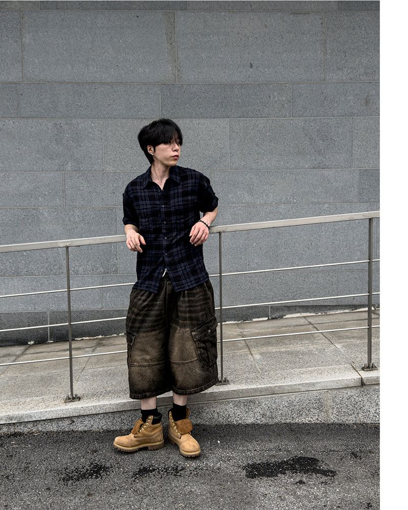 Embossed Texture Check Roll-Up Shirt