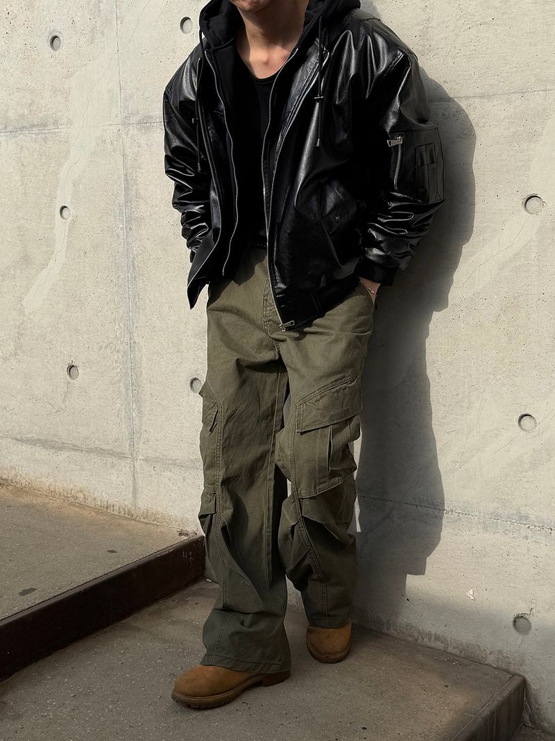 Hood layered leather blouson(3color)