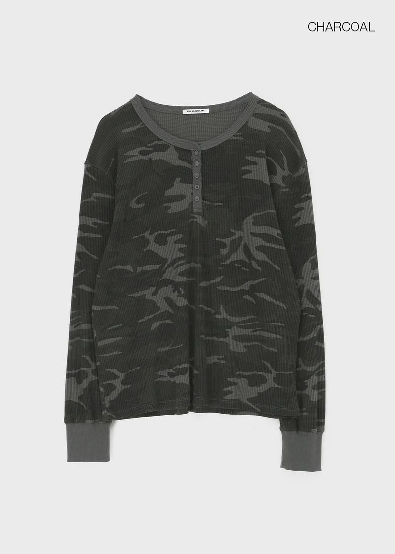 [MADE] Paette Camo Waffle Henley Neck Long Sleeve Tee