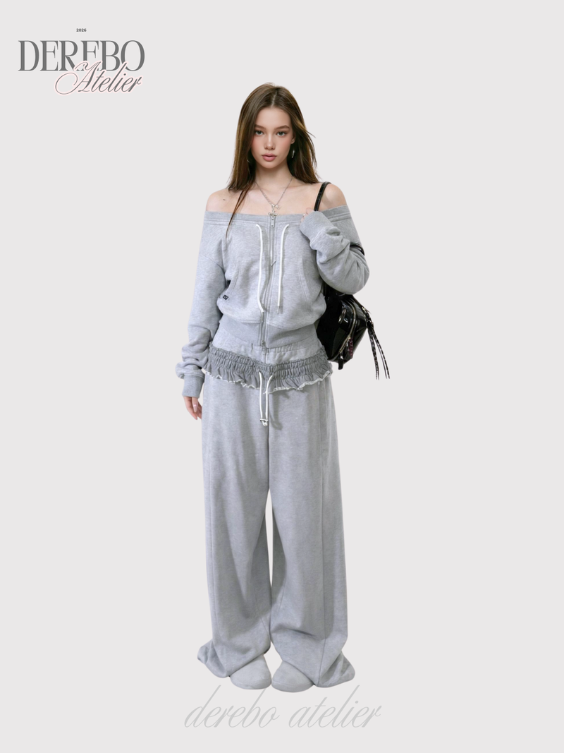 Grey off-shoulder zip-up frill training setup (SET)