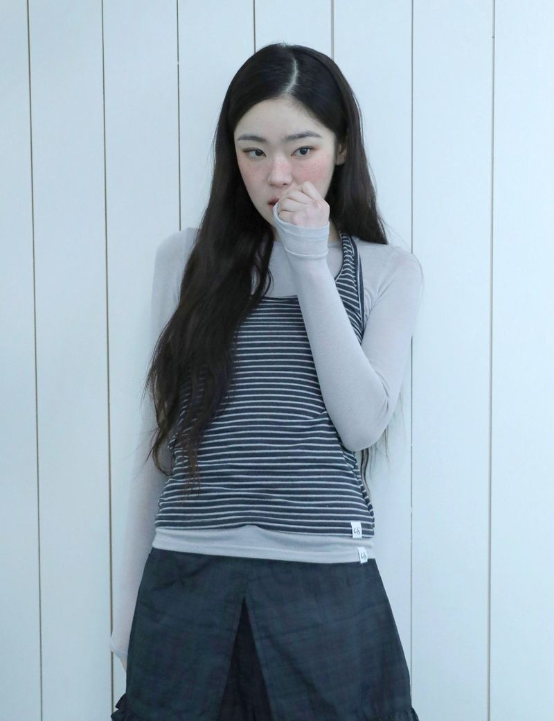 UGLYSHADOW（アグリーシャドウ）の「STRIPED HALTER NECK LAYERED T-SHIRT(CHARCOAL)（Tops）」