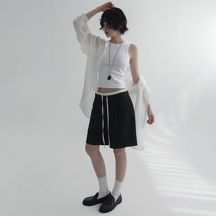 [Torinne] Elasticated Pintuck Sagging Half Slacks - 2 Colors