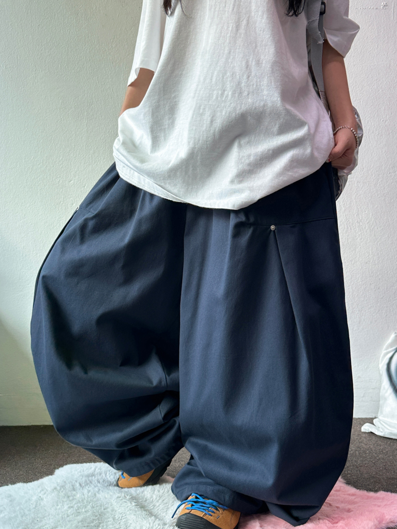 KOREAN/STRING 🩵 STUD RIVET POINT FRONT SLIT OVER HIP BALLOON WIDE LONG PANTS 🩶🖤🩵 - 3 COLORS