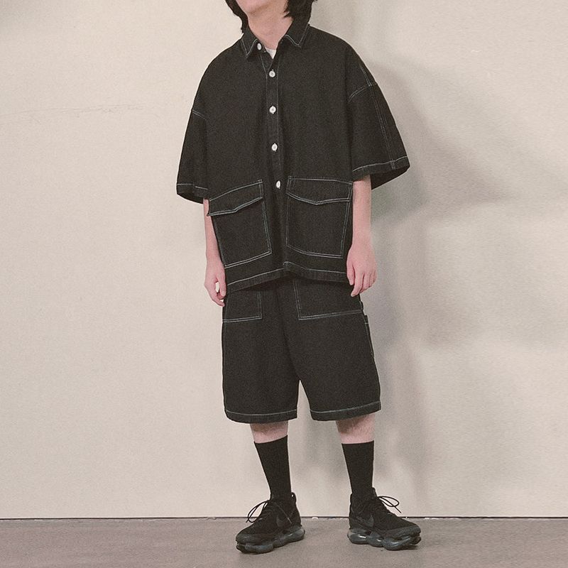 denim stitch shorts_black