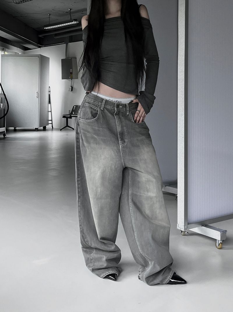 gray shirring washed denim