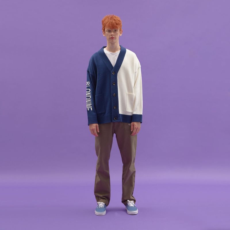 INTARSIA HALF HALF KNIT CARDIGAN_DARK BLUE