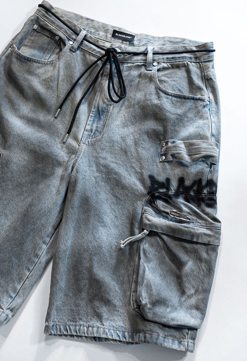 BBD Graffiti Logo Dirty Washing Cargo Shorts (Vintage Blue)