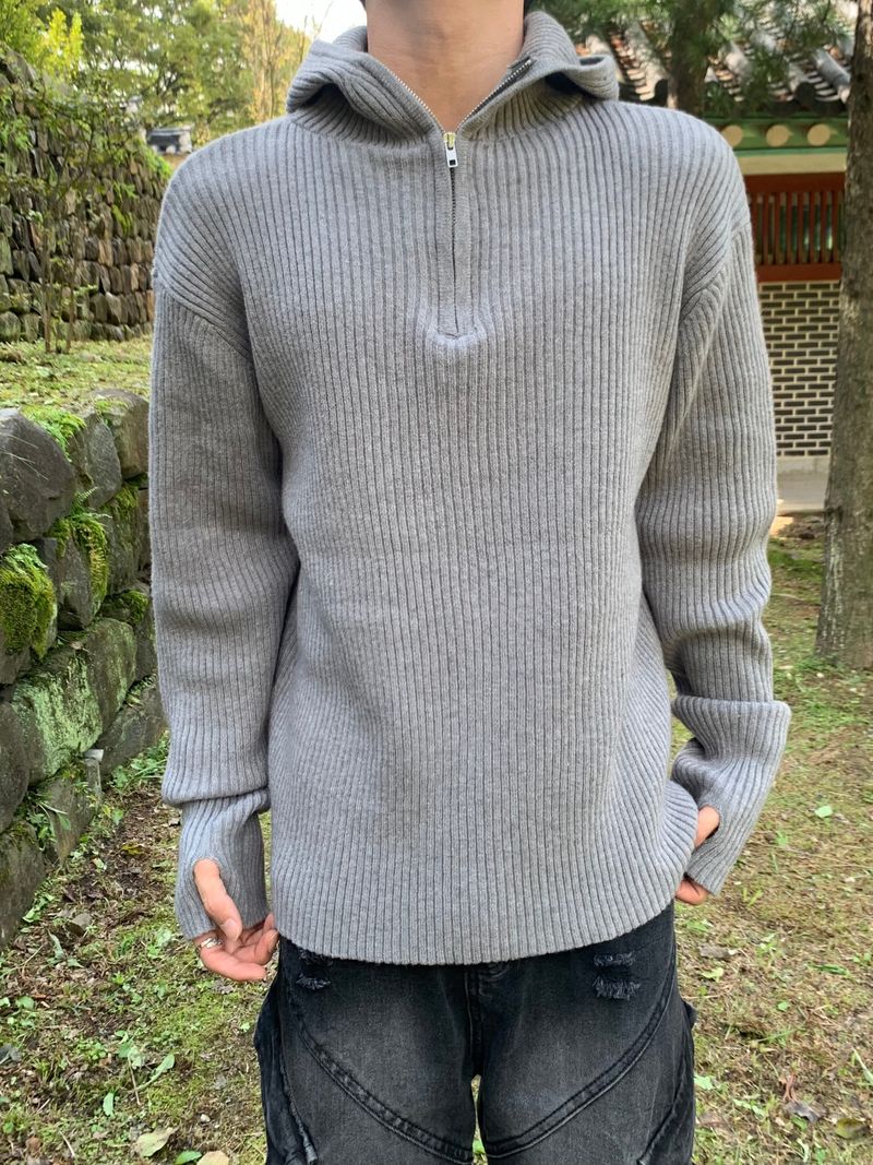 Rib Hood Half Zip-Up Knit