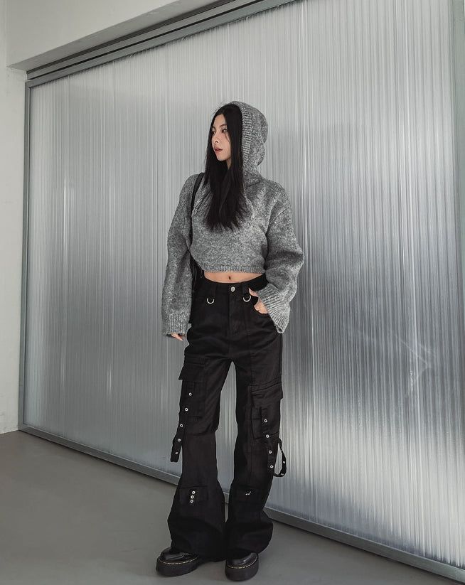 アカンアイレットストラップセミブーツカットパンツ