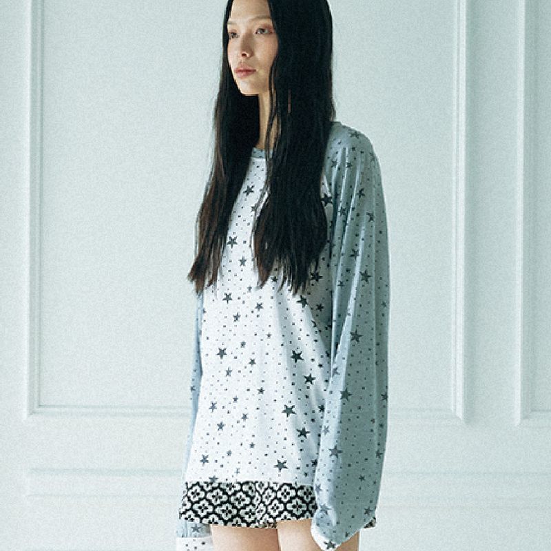 Star Raglan Sleeve Tee (White/sky blue)      