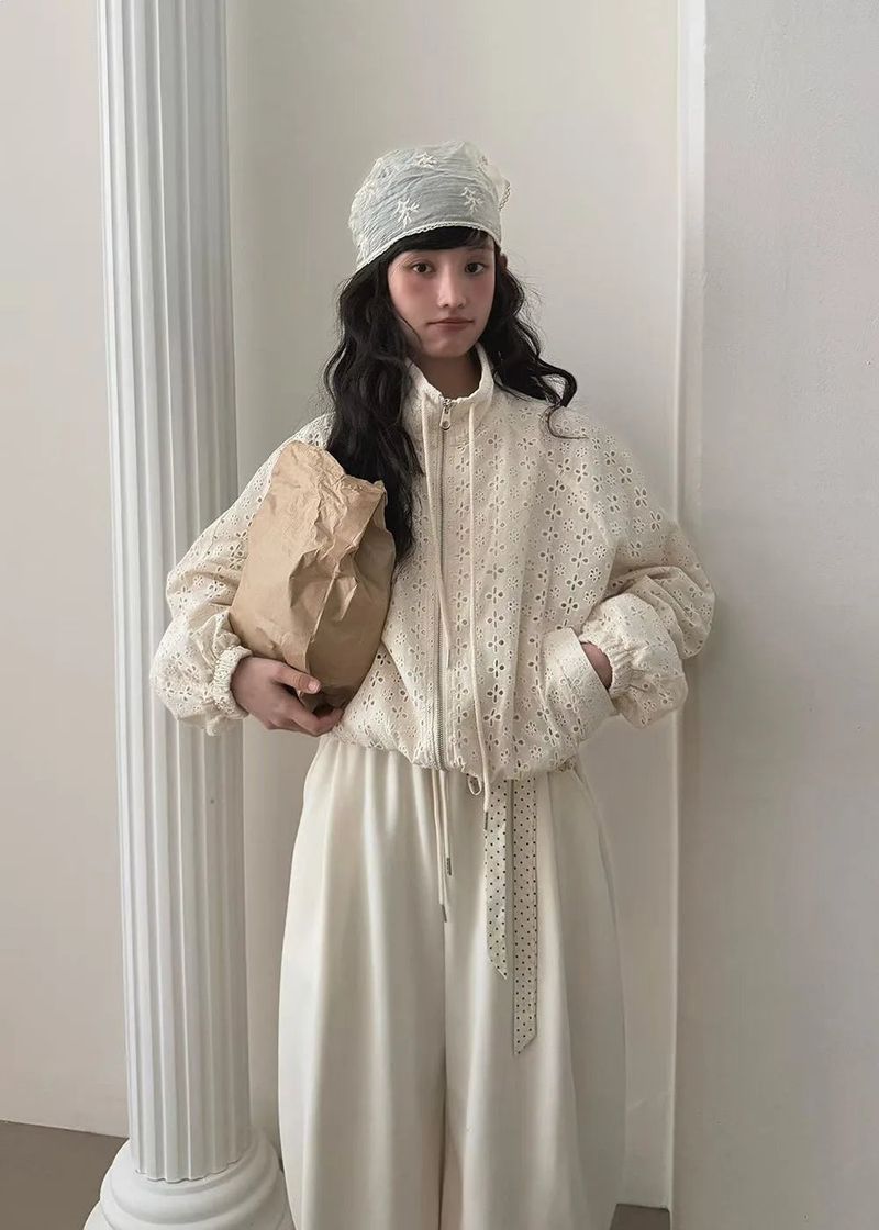 Embroidered Lace Cropped Hooded Windbreaker Jacket