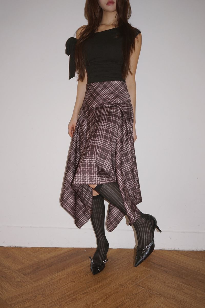 Unbalanced High Midi Checkered Skirt