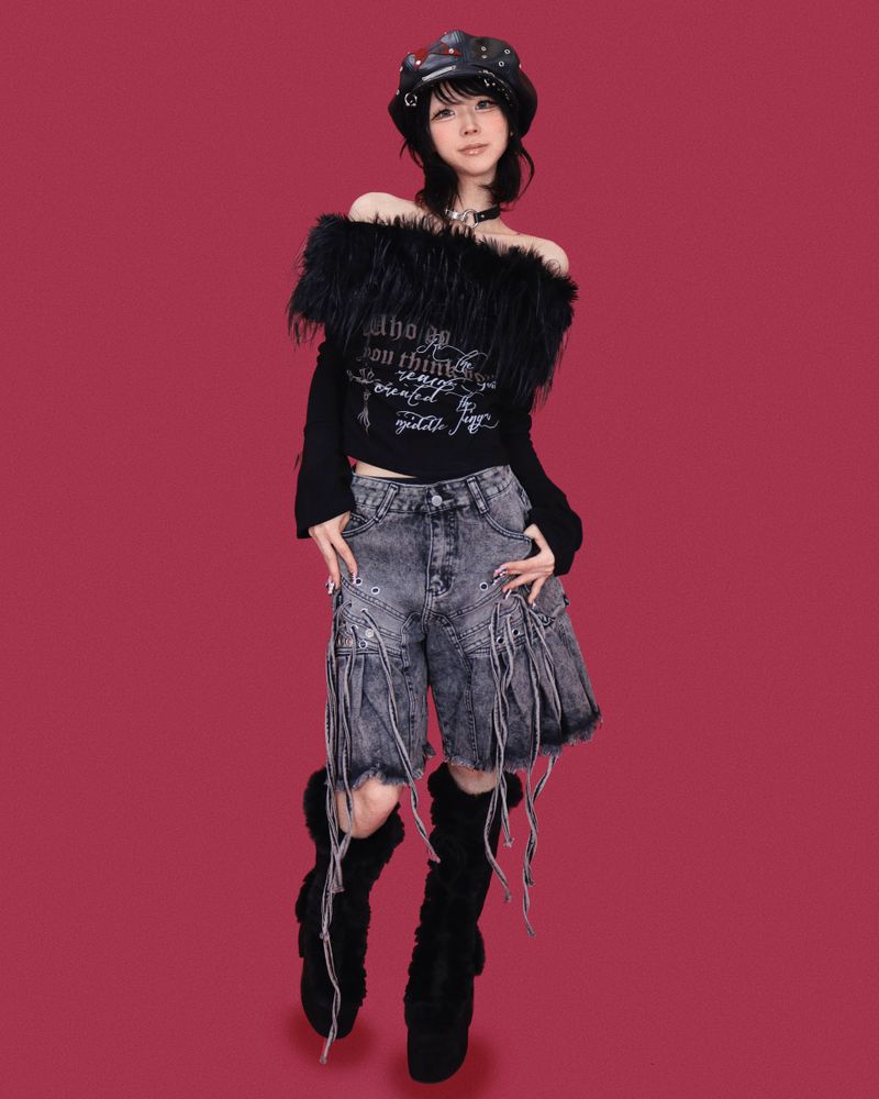 angry eyelet wide half pants - black