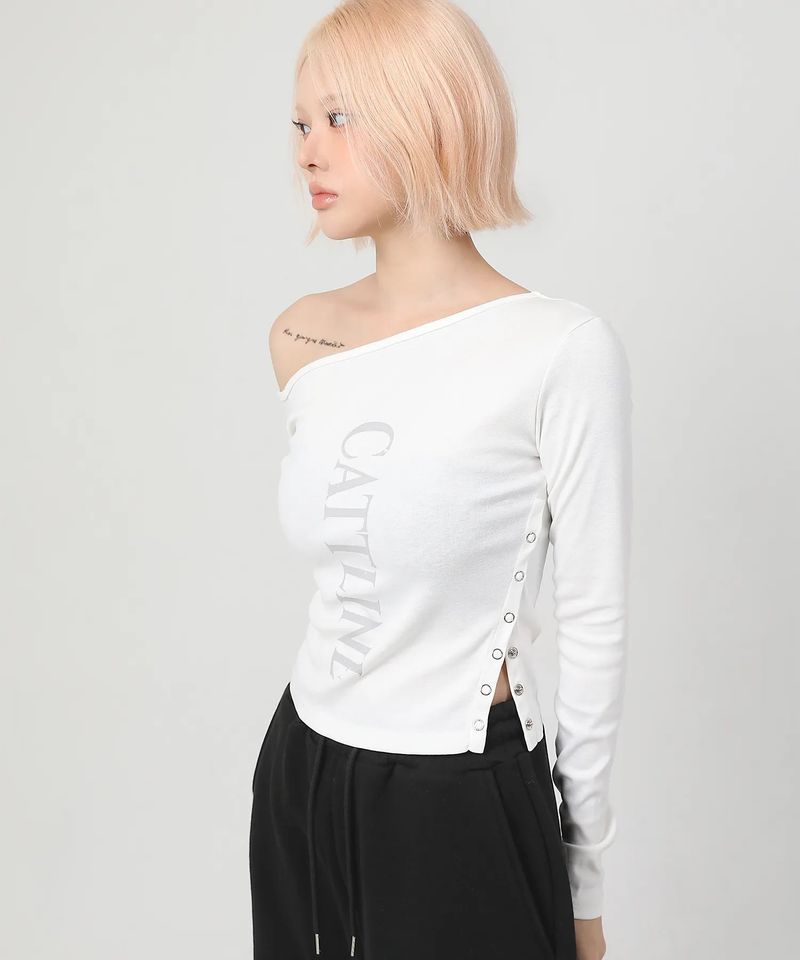 One Shoulder Logo Snap T-shirt_ivory