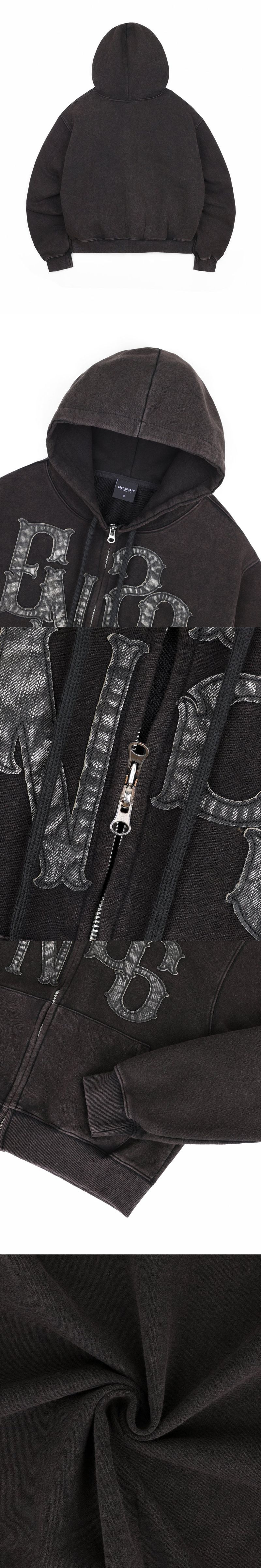 Washed Leather Patch Hooded Zip-Up - Black