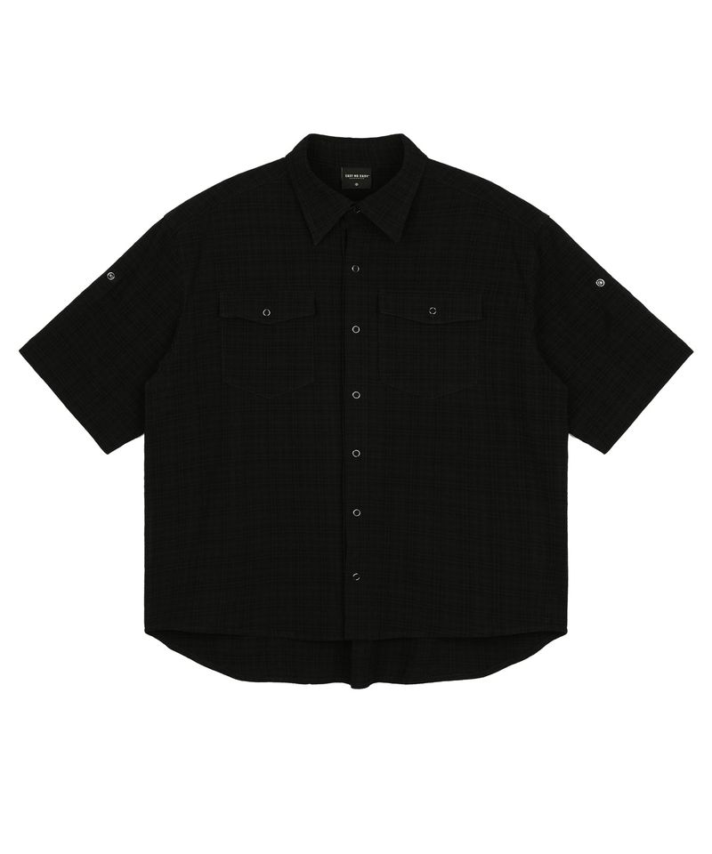 Texture Crop Roll-Up Check Short Sleeve Shirt - Black