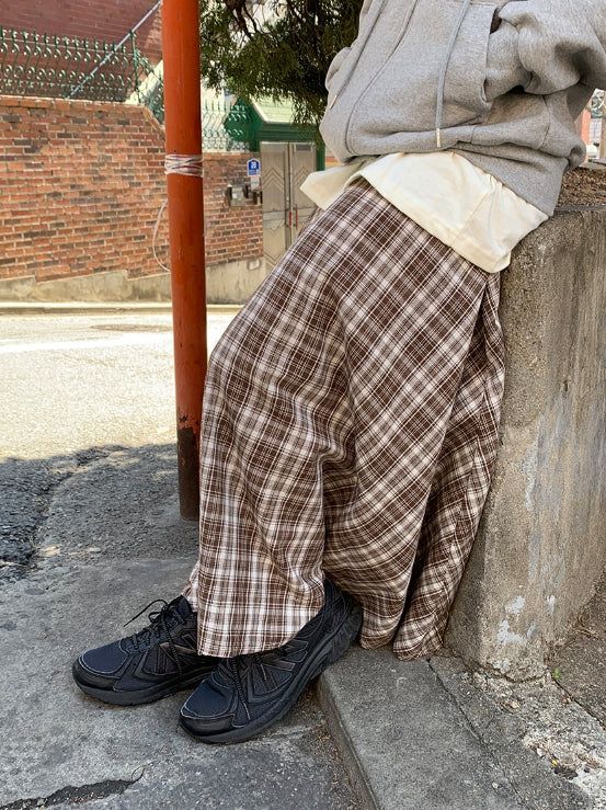 Hari Check Unbalanced Slit Long Skirt