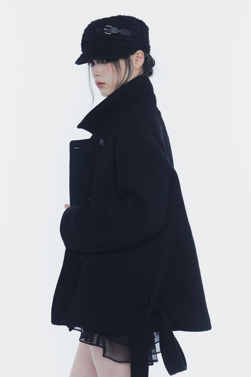 AMBER BELTED DOUBLE COAT black