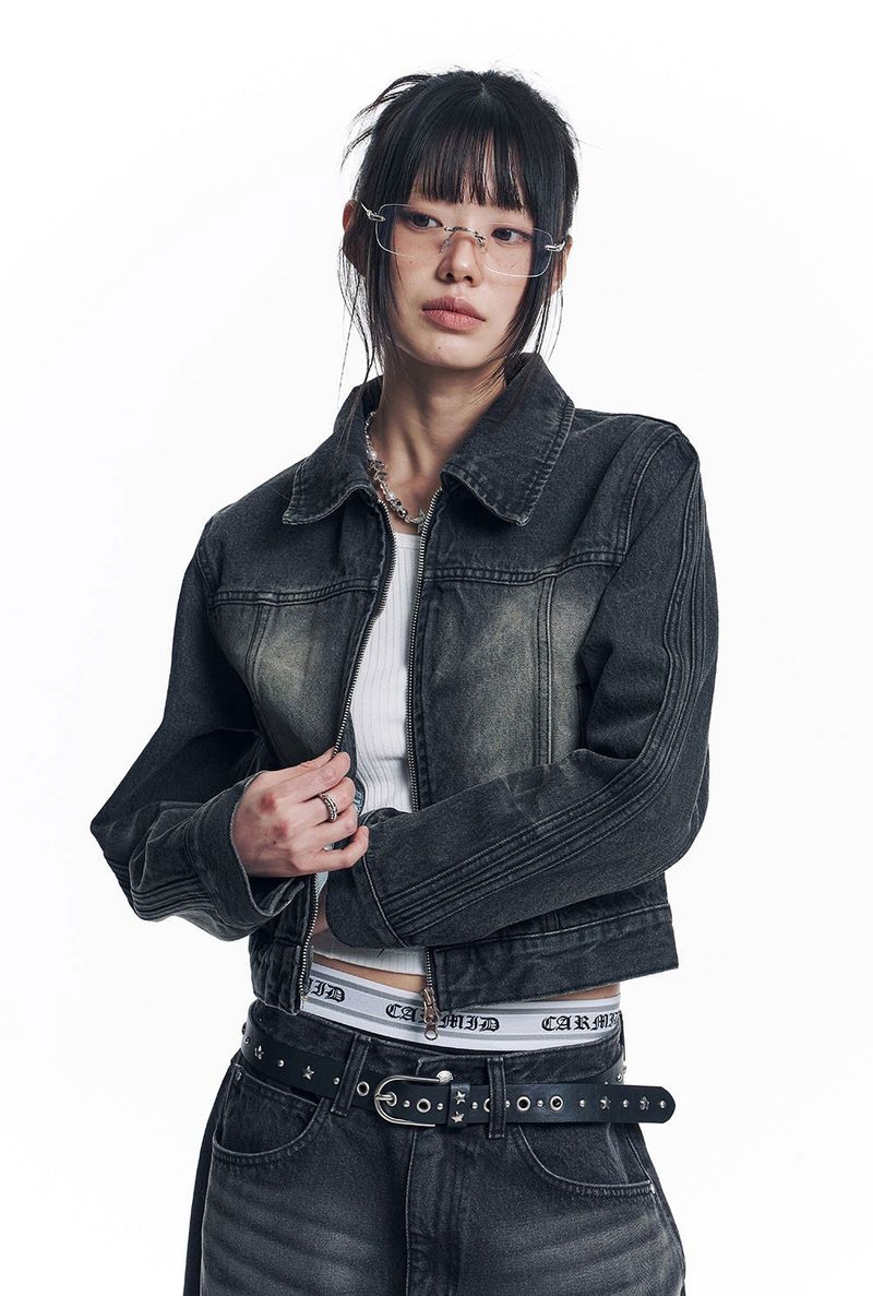 Washed Crop Track Denim Jacket - Black