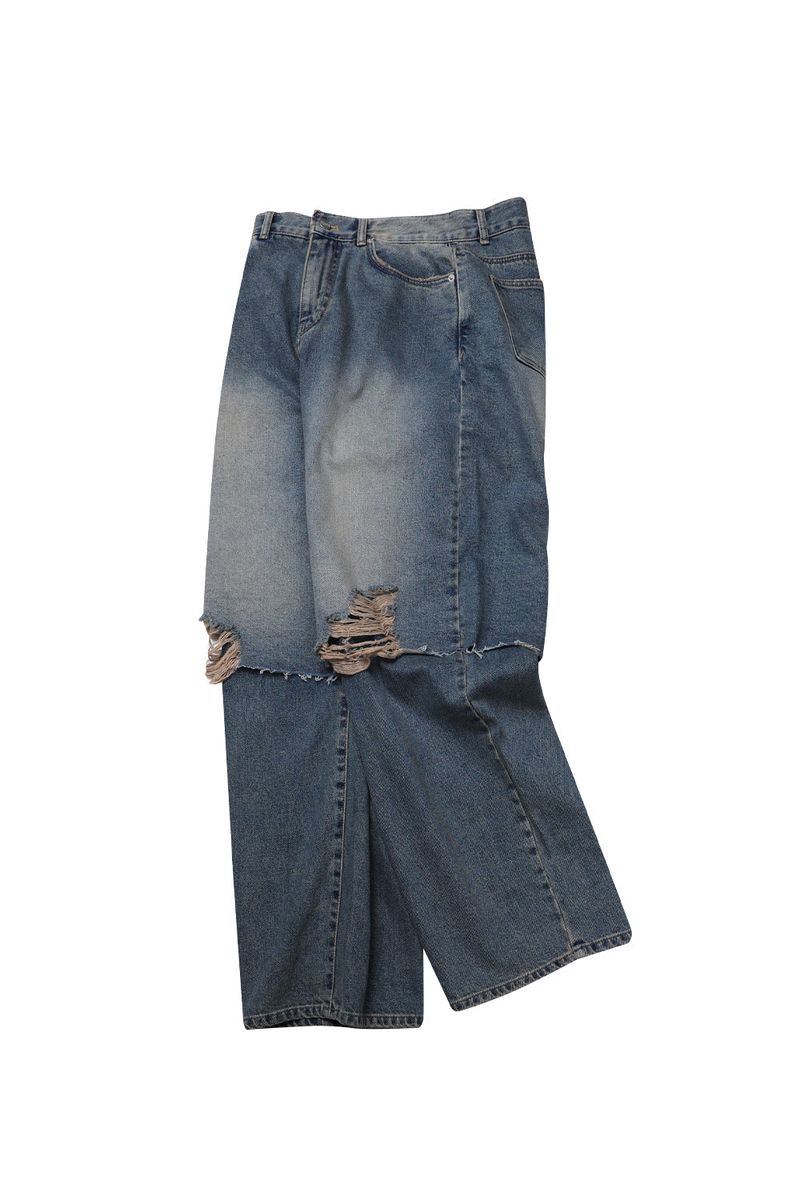 LAYERED DAMAGE DENIM_BEIGE INDIGO