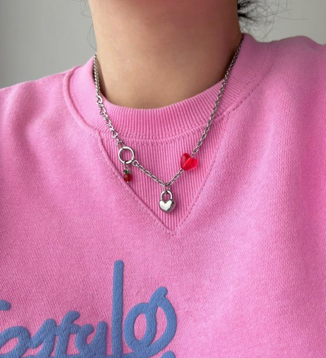 chi Kitchee Cherry Beads Heart Lock Handmade Necklace