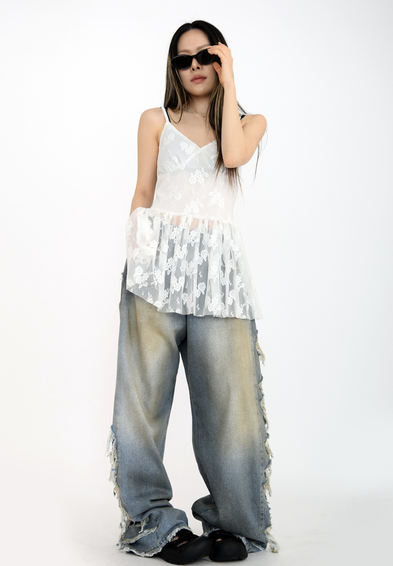 side dirty wide denim pants