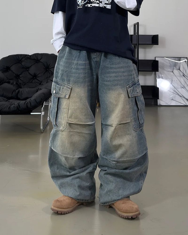 Bern diagonal cargo wide denim pants