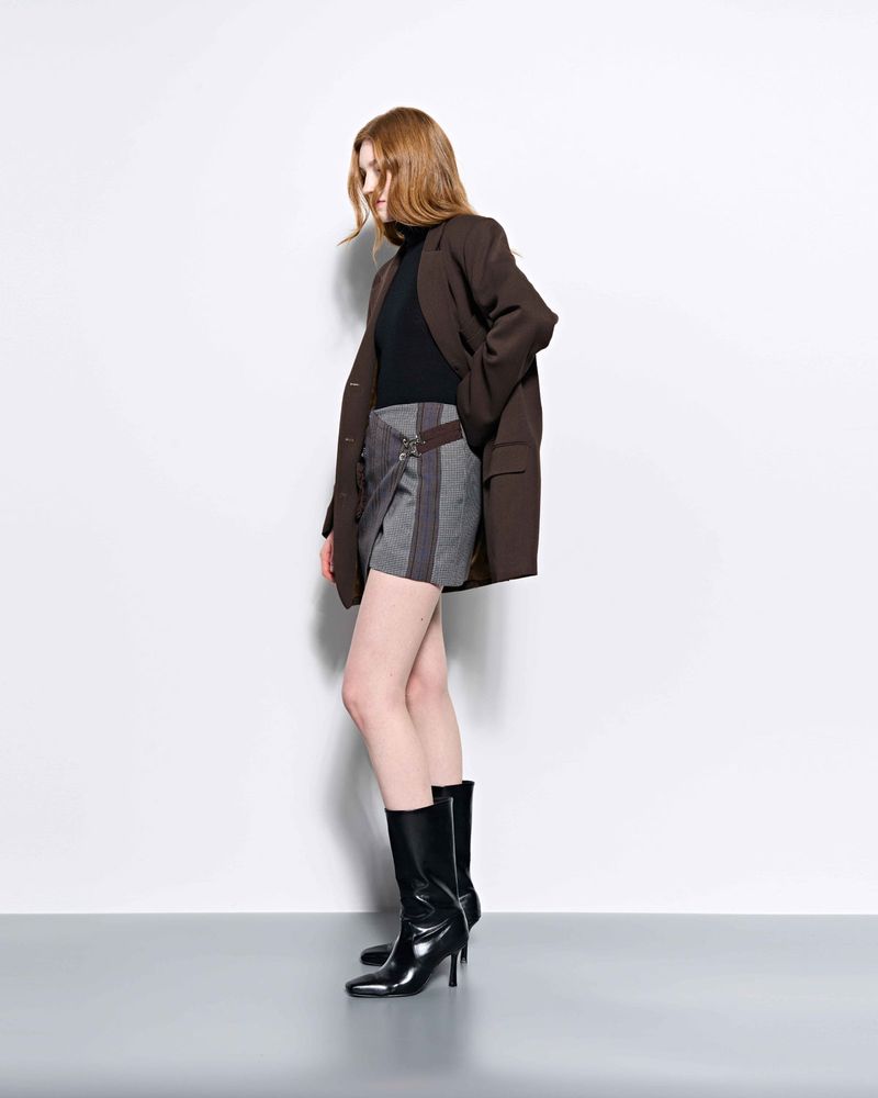Check Panelled Mini Wrap Skirt _ Brown