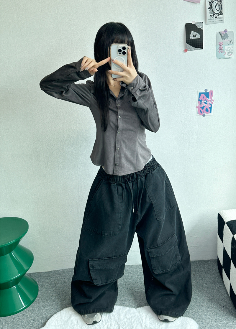 SUEDE SLIM LINE SHIRT BLOUSE🤎🖤🩶 - 3 COLORS
