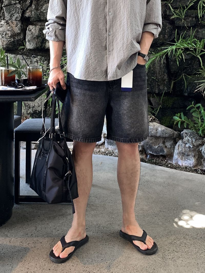 LOOKPLE（ルックプル）の「Look Pierre Vintage Washed Back Banding Wide Denim Half Pants（Pants）」