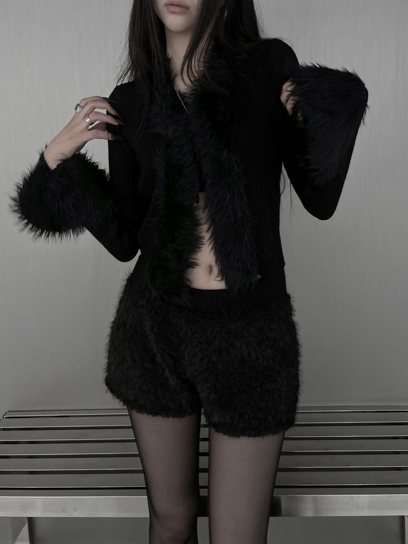 silm ribbed fur strap cardigan (2color)