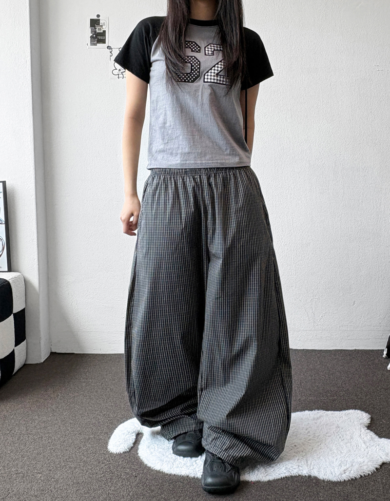 Fluffy Check Elastic Waist Balloon Pants 2Color