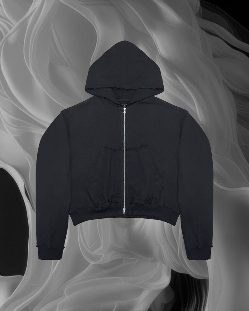 ANDEND（エンデンド）の「CUTTING CROP HOODIE ZIPUP_BLACK（Tops）」