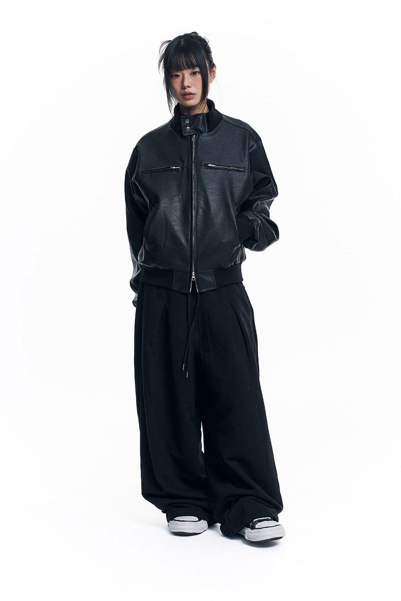 High Neck Leather Crop Jacket - Black