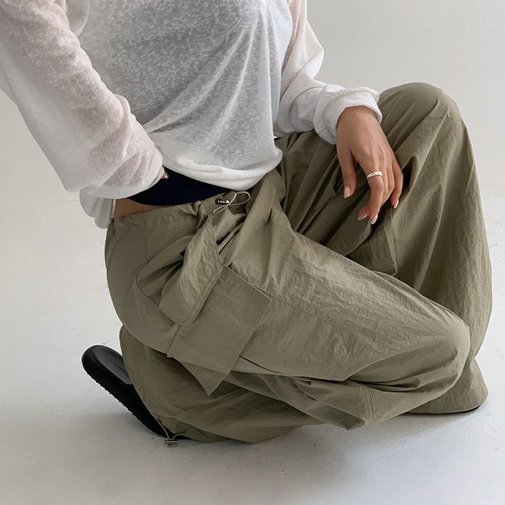 [Made] [Reden] String Banding Cargo Two-Way Parachute Nylon Wide Pants - 4 color
