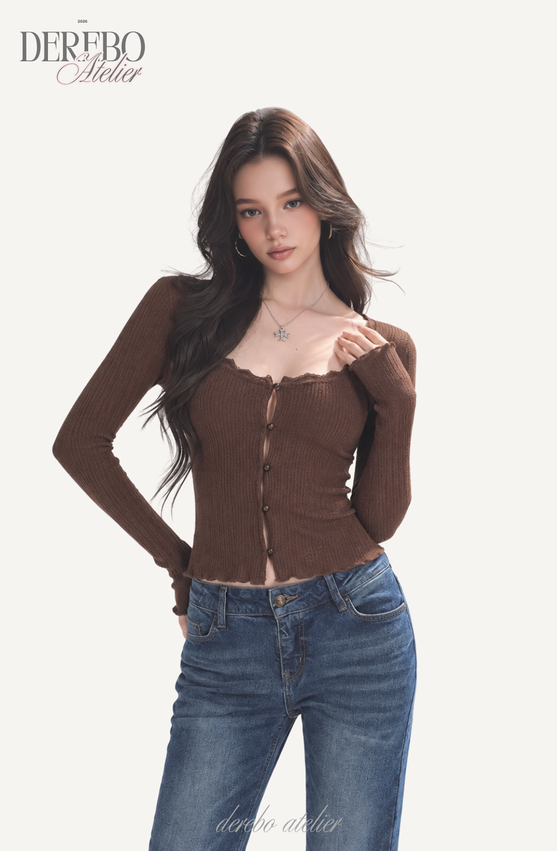 Jacquard square-neck knit long-sleeve cardigan