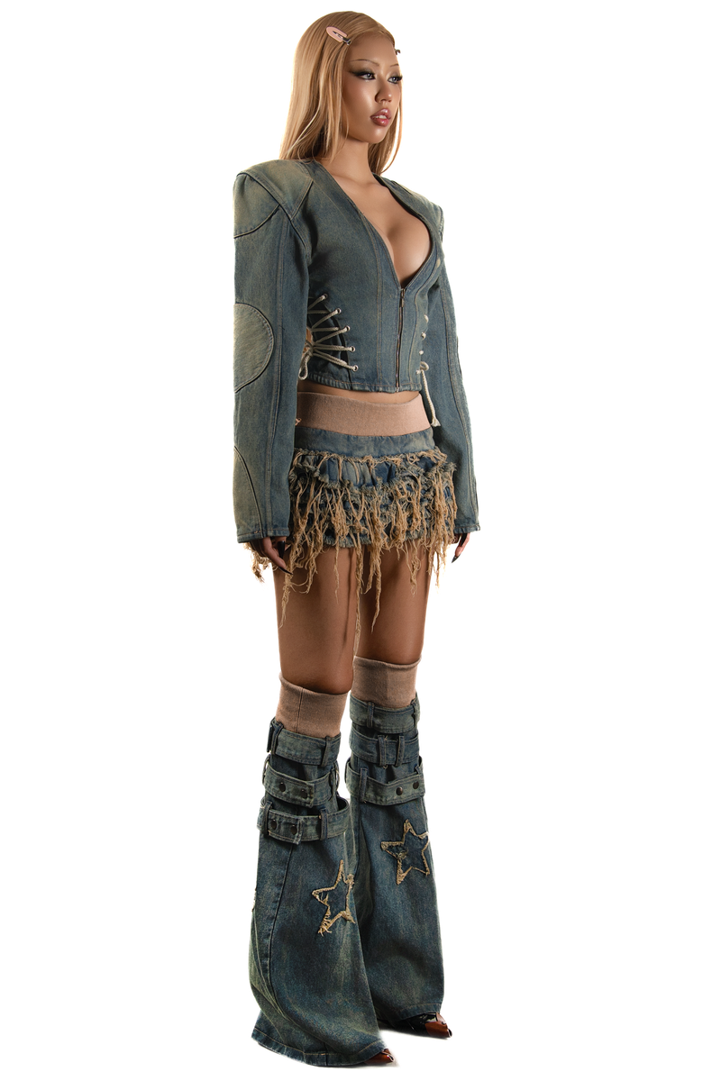 POP Distressed Layered Denim Mini Skirt