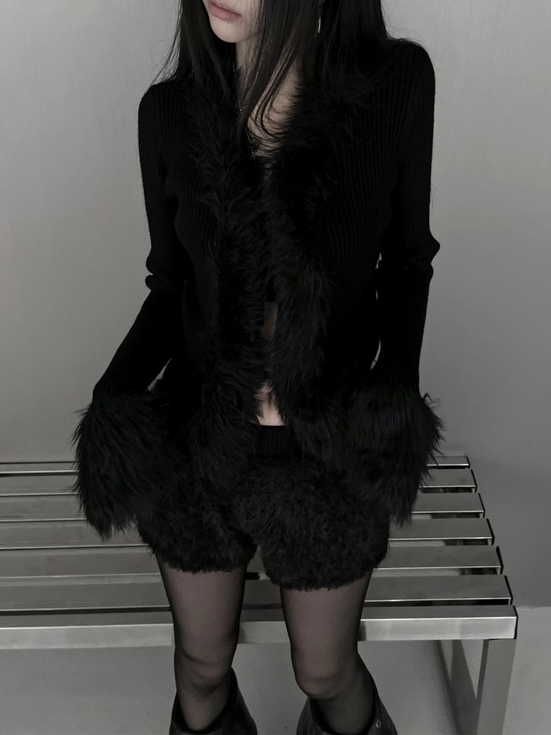 silm ribbed fur strap cardigan (2color)