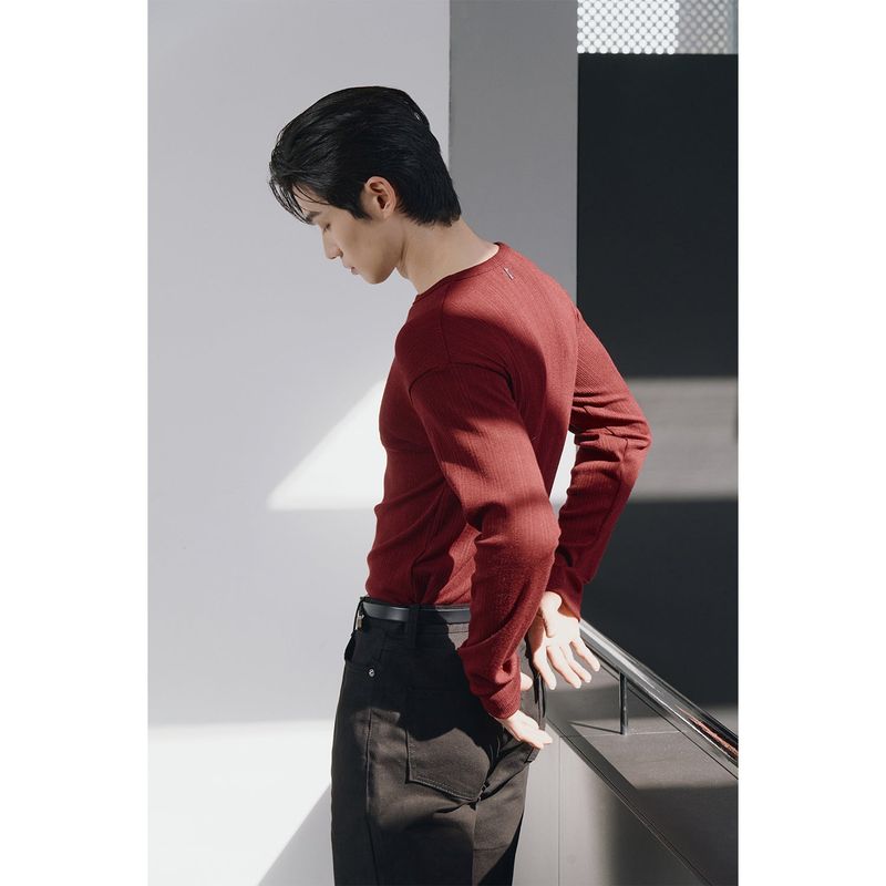 Leather ribbed henry neck long sleeves(Burgundy)
