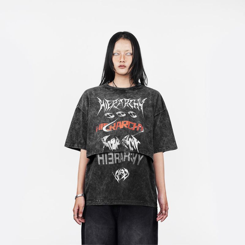 Hierarchy Studios（ヒエラルキースタジオ）の「HIERARCHY STUDIOS ENE - ウォッシュドブラックレイヤード ENE オーバーサイズTシャツ（トップス）」