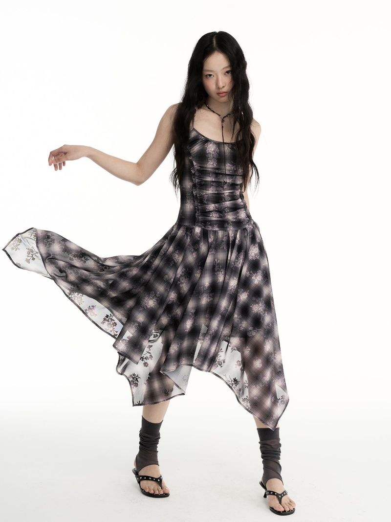 CONFUN jacquard net mesh pattern irregular skirt hem halter dress