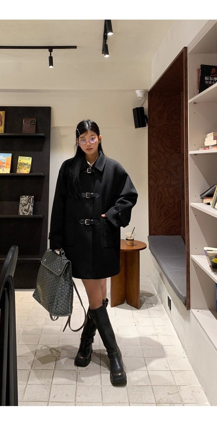wool black collar buckle half coat