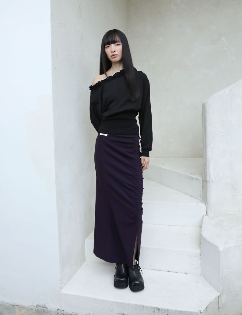 RUCHED LONG TIE SKIRT(PURPLE)