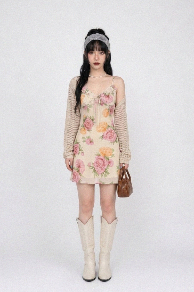 VINTAGE ROSE RUFFLE-STRAP MINI DRESS