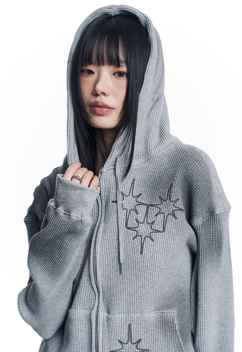 Washed Star Waffle Hooded Zip-Up - Grey