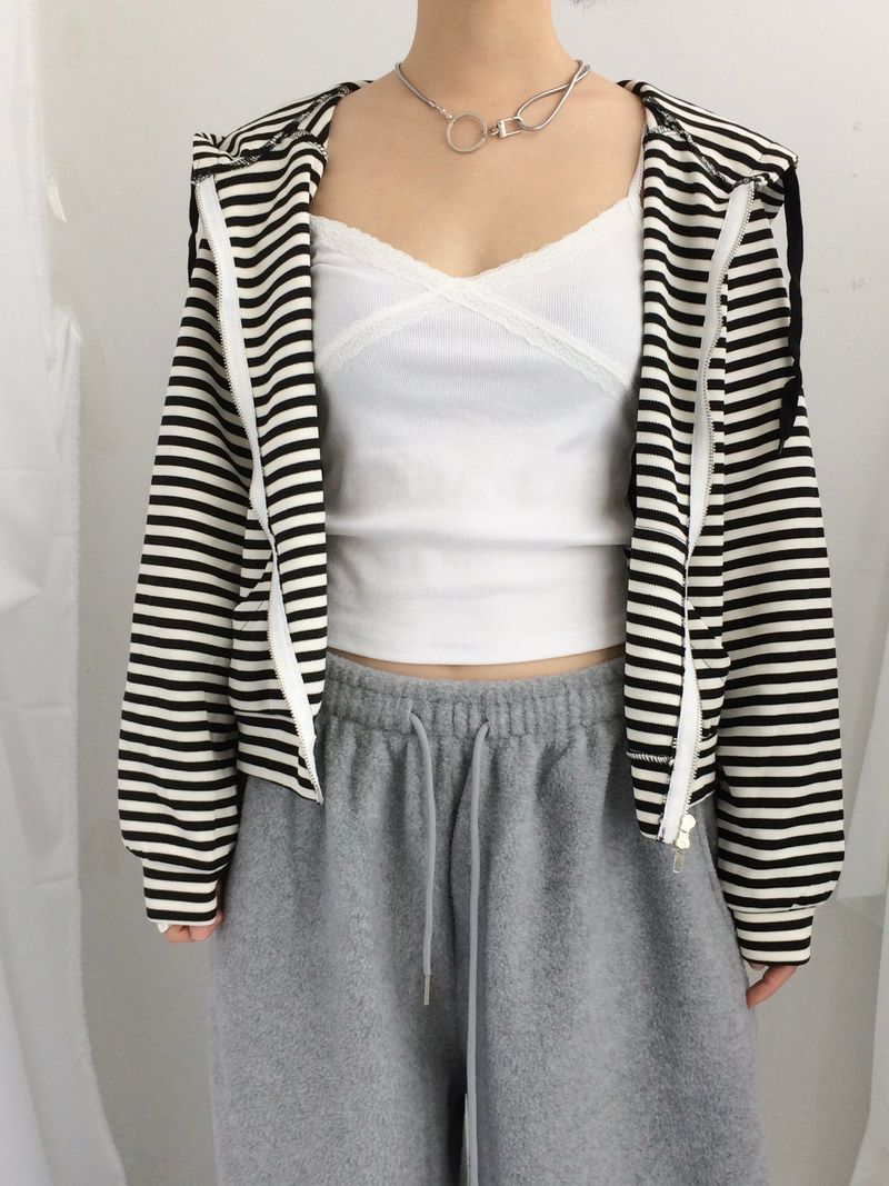 Stripe Semi-Crop Hooded Zip-Up