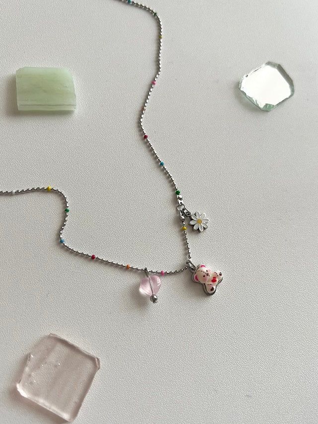 gom kitsch color beads daisy bear layered necklace