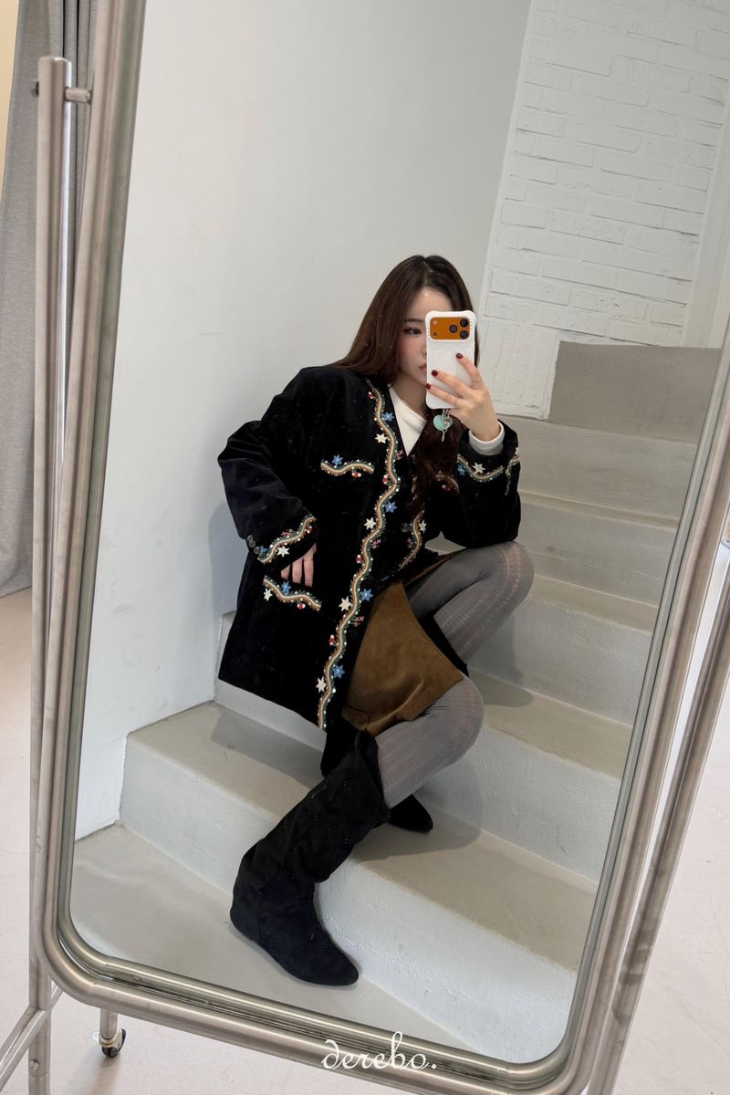 French velvet embroidered no collar jacket