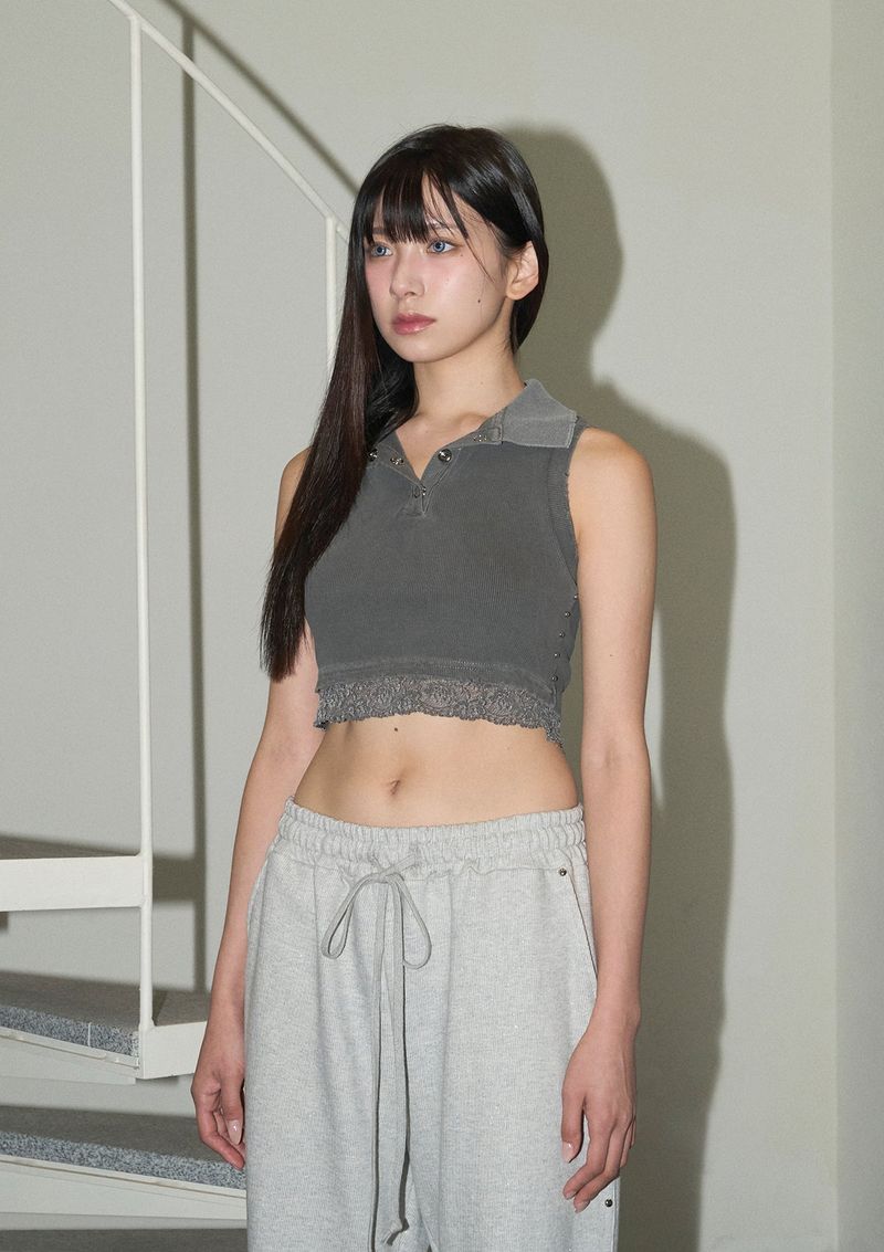 (2nd reorder) stud lace pk top - charcoal