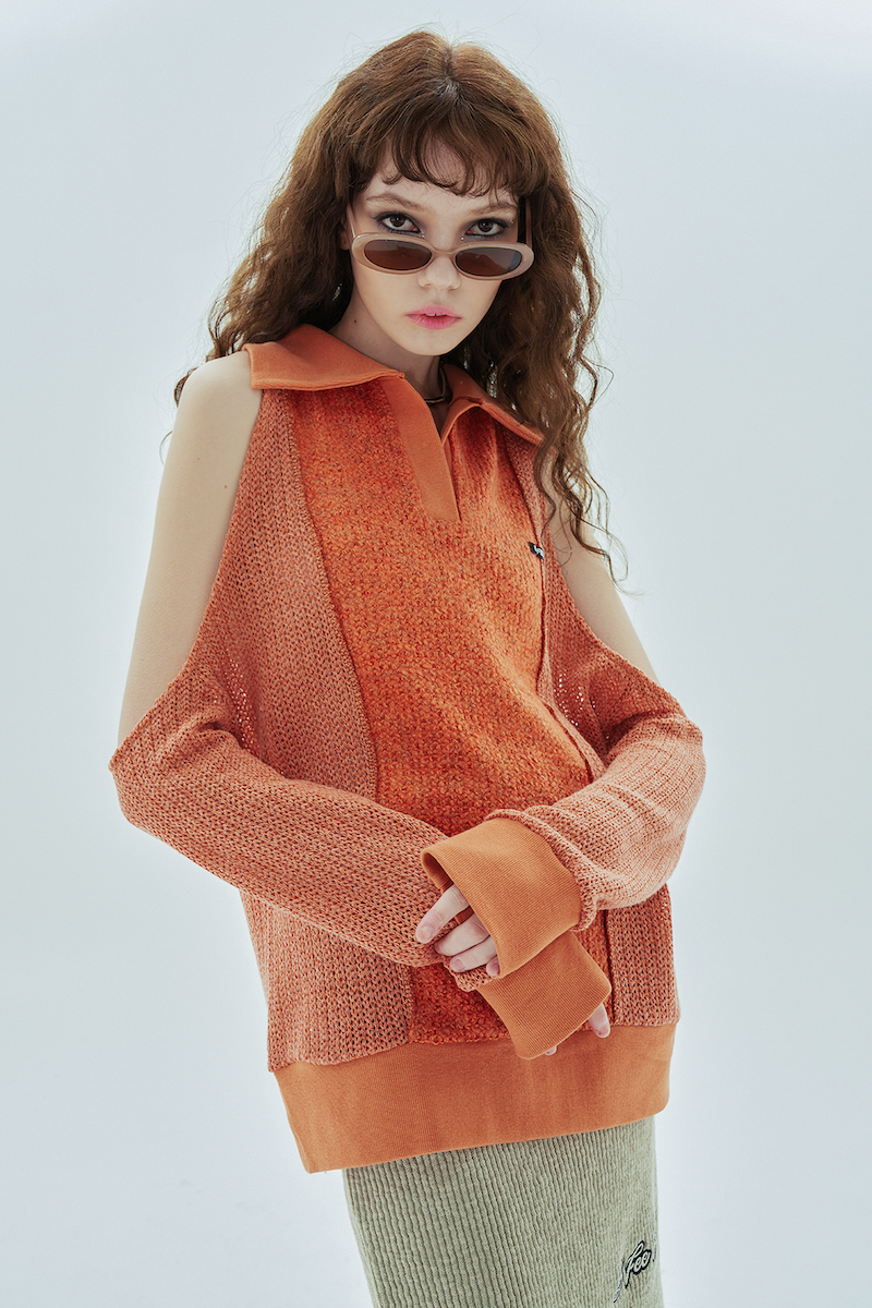hole collar knit_orange